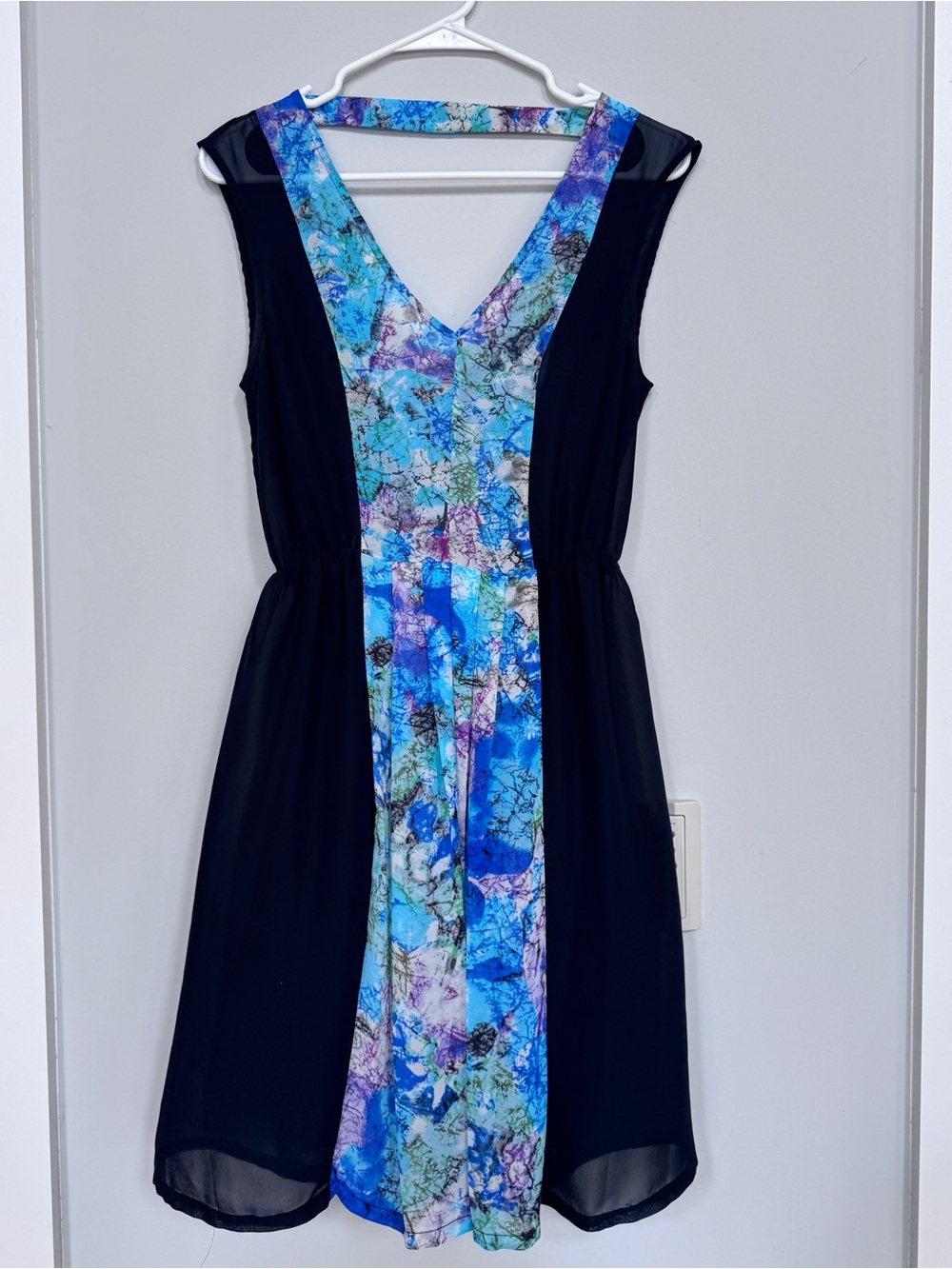 5/48 Black Dress with Blue Floral Center Panel